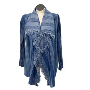 Military Hippie Size L/XL Cardigan Chambray Blue Fringe Southwest Western Boho